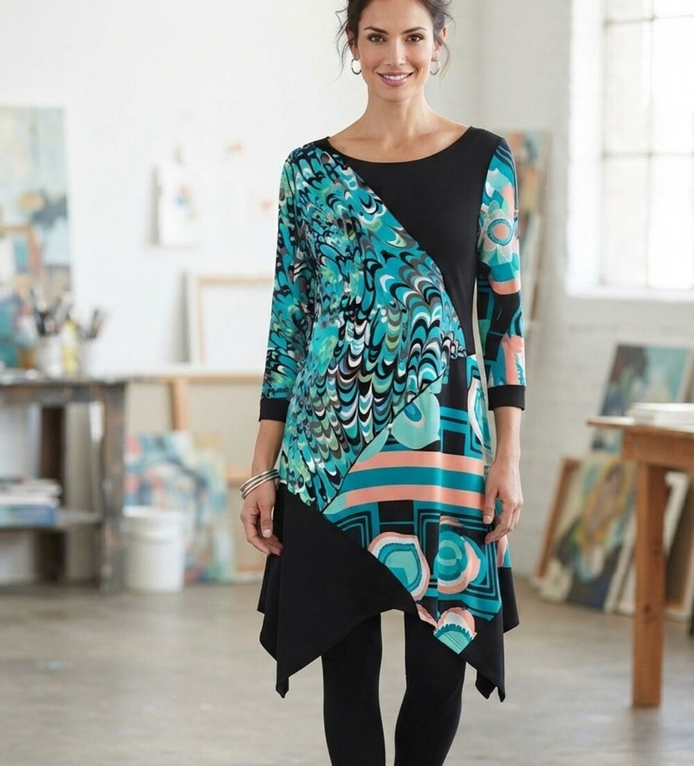 Eva Varro Abstract Geometric Asymmetrical Tunic Dress Size Large Turq Black